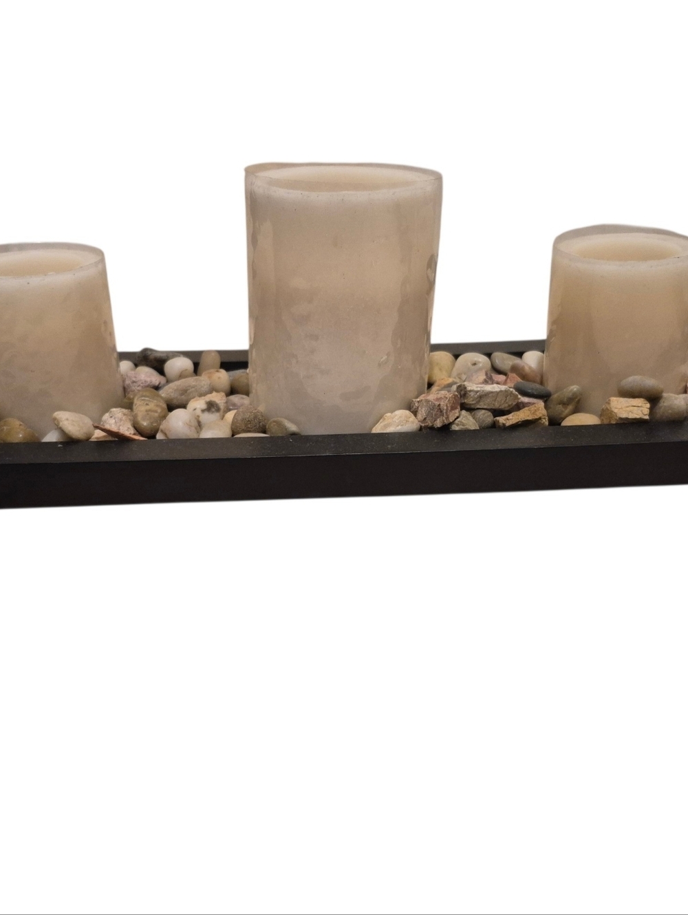 3-Pillar Tabletop Battery Candle Holder with Black Wood Tray w/Polished rocks
